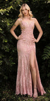 Cinderella Divine CD967 Long Fitted Lace Applique Sheath Gown