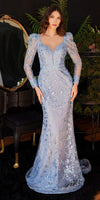 Ladivine CD989 Floor Length Glitter Print Dress with Long Sleeves
