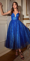 Ladivine CD996T Glitter Flocked Tea Length Dress with Side Pockets