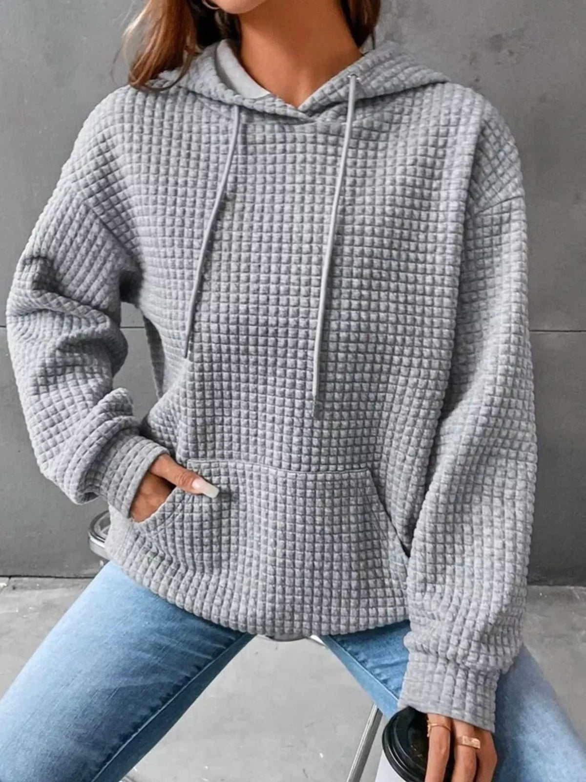 Full Size Textured Kangaroo Pocket Hoodie Plus Size