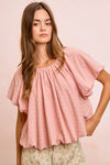 BiBi Stripes Textured Shirred Neckline Bubble Hem Top