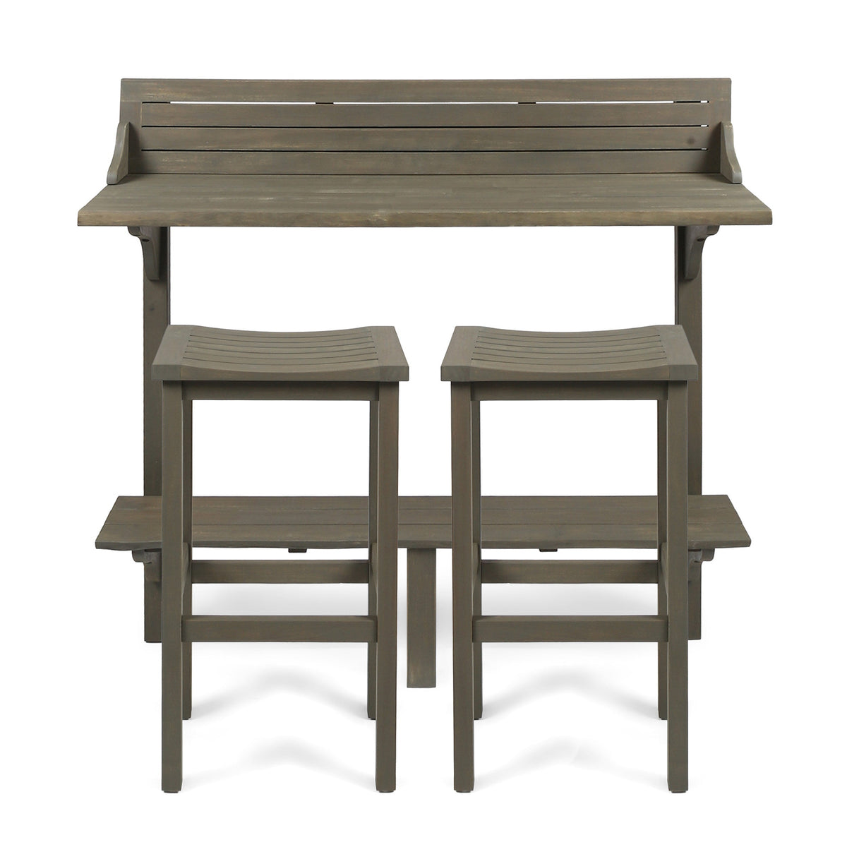 3-Piece Balcony Bar Set with Bottom Shelf Table and 2 Stools, Grey Finish
