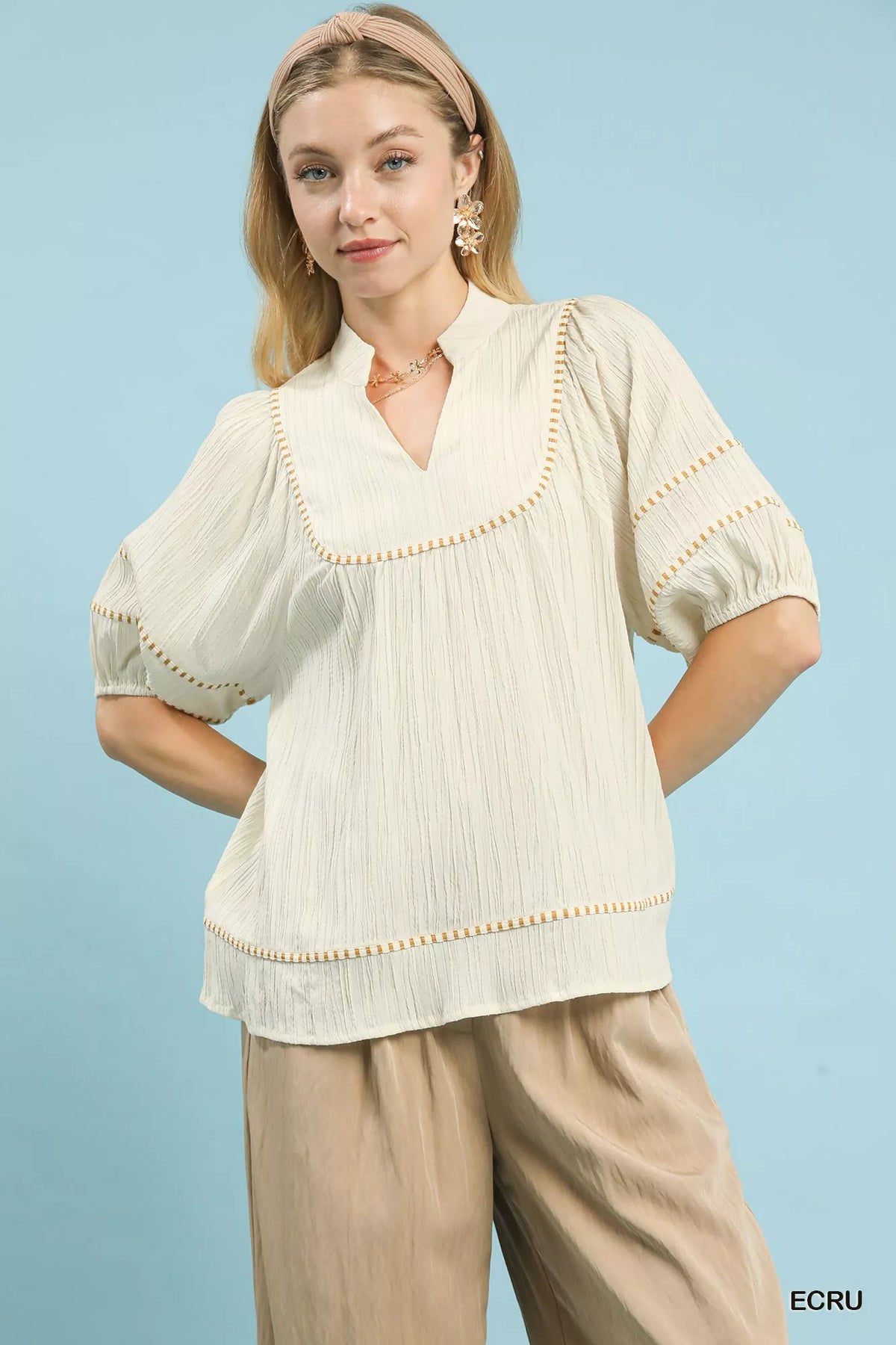 Umgee Textured Short Sleeve Top with Contrast Trim