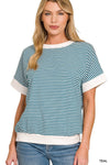 Zenana Stripe Contrast Trim Banded Bottom Top