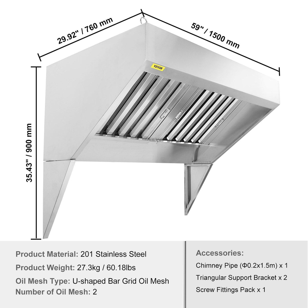 Commercial Exhaust Hood, 5FT Food Truck Hood Exhaust, 201 Stainless Steel Concession Trailer Hood with 2 Detachable U-shaped Grid Oil Filter Mesh, Rust Resistant Vent Hood for Kitchen Restaurant