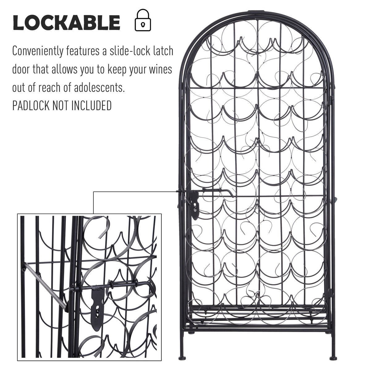 HOMCOM 35 Bottle Wrought Iron Wine Rack Cabinet with Lock - Black