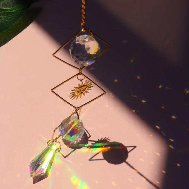 Chandelier Crystal Wind Chime Pendant Metallic Hoop Moon Rainbow Maker Sun Hanging Drop Crystal For Window Curtains Home Decor Gifts Photography Prop