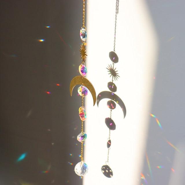 Chandelier Crystal Wind Chime Pendant Metallic Hoop Moon Rainbow Maker Sun Hanging Drop Crystal For Window Curtains Home Decor Gifts Photography Prop