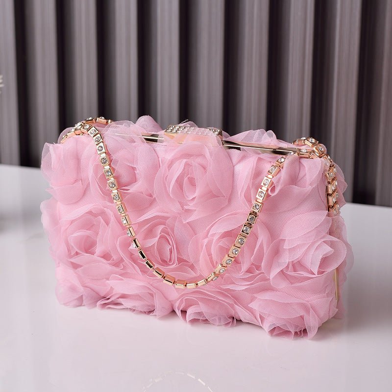 Chiffon Rose Evening Bag | Floral Clutch with Crystal Chain Strap (MAC355)
