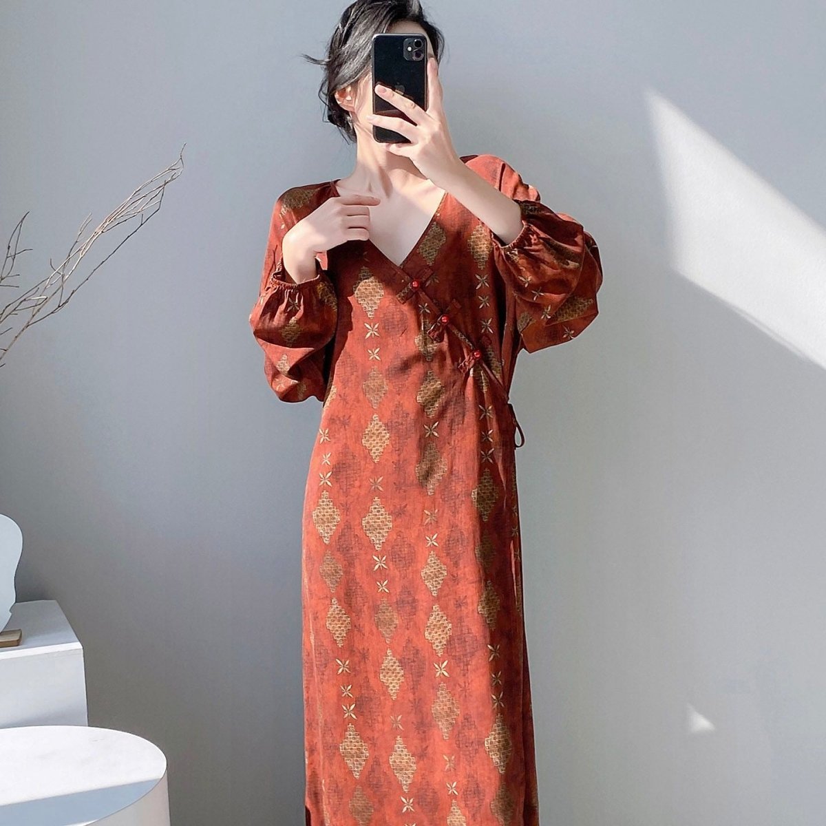 Chinese Style Jacquard & Print Maxi Wrap Dress(MS424)