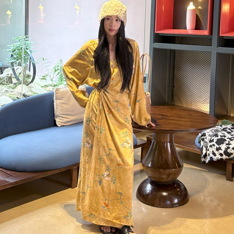 Chinese Style Jacquard & Print Maxi Wrap Dress(MS424)