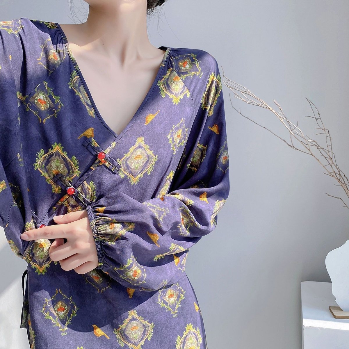 Chinese Style Jacquard & Print Maxi Wrap Dress(MS424)