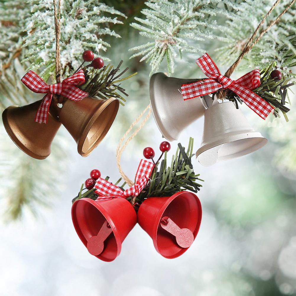 Christmas Bell Ornament Metal Dual Bell Christmas Bell Ornament Decoration with Berry Plaid Bow Christmas Tree Pendants For Making Wind Chimes Christmas Tree Hang Pendant Hang On Door wall porch