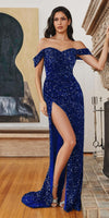 Ladivine CL03 Floor Length Off Shoulder Velvet Fitted Sequin Gown