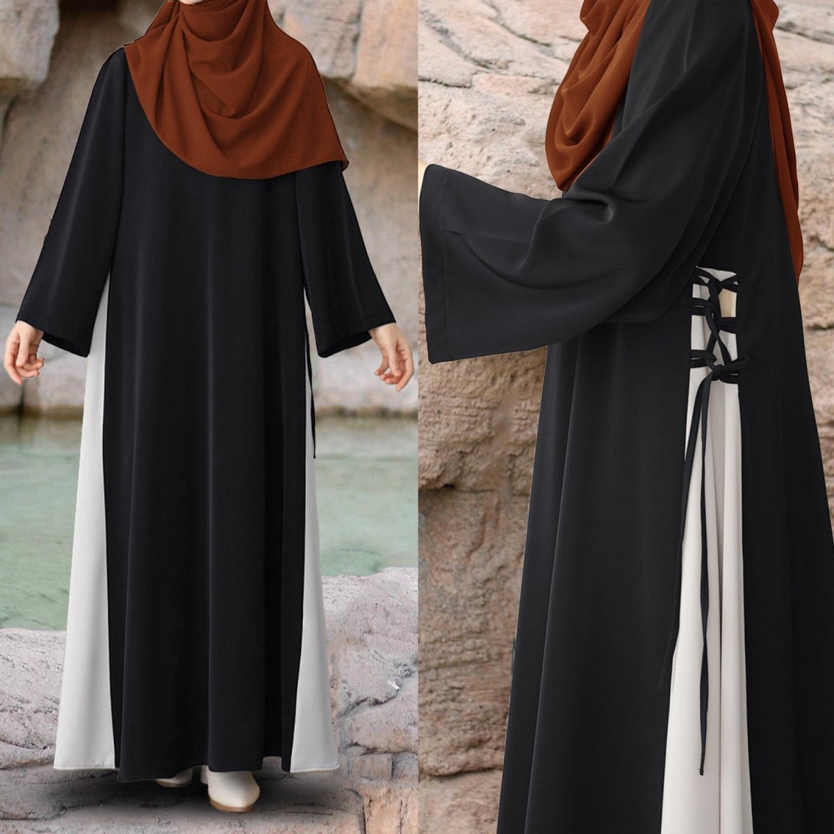 Colorblock Side-Tie Abaya | Two-Tone Round Neck Maxi Dress Abaya (MA362)