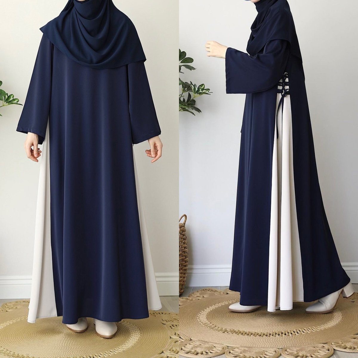 Colorblock Side-Tie Abaya | Two-Tone Round Neck Maxi Dress Abaya (MA362)