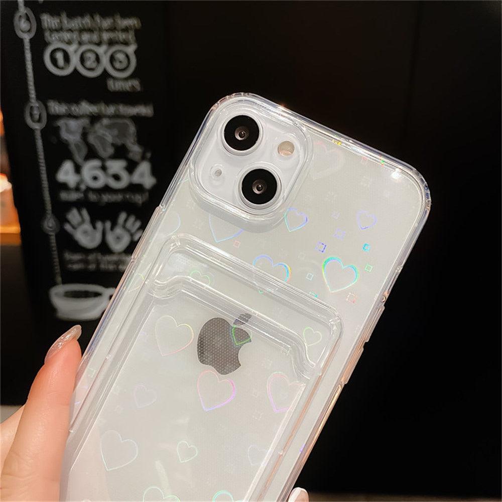 Colorful Transparent Holographic Love Heart Cute Case Transparent Gradient Love Heart Pattern Wallet Card Phone Case For iPhone 13 12 11 Pro Max X XR XS 7 8 6 Plus Minimalist Design Phone Case