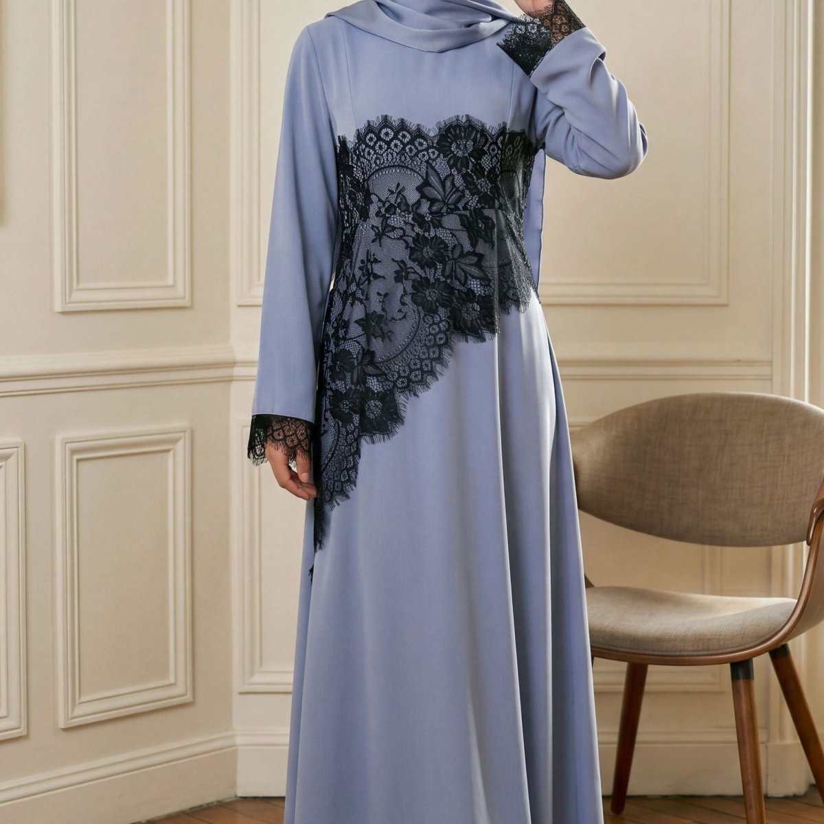 Contrast Lace Waist Panel Maxi Dress(MS409)