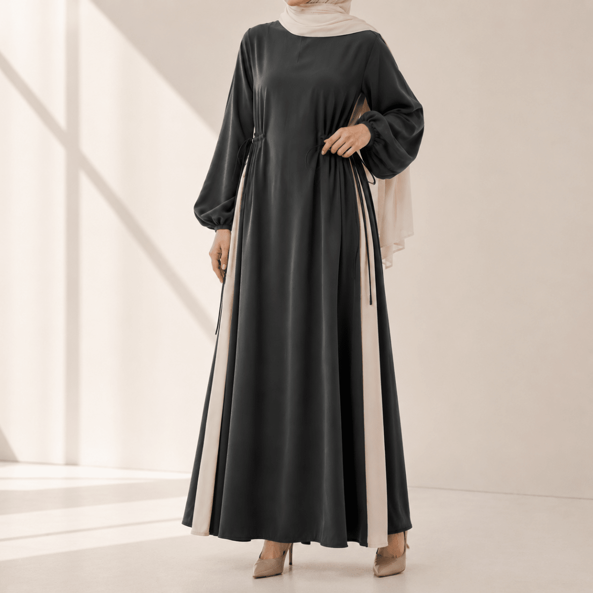 Contrast Panel  Abaya with Drawstring Detail & Balloon Sleeves(MA421)