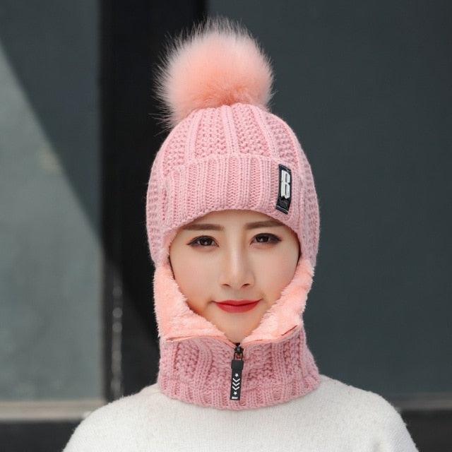 Coral Fleece Winter Women Knitted Hats Add Fur Warm Winter Hats For Women With Zipper Keep Face Warmer Balaclava Pompoms Cap Balaclava Gorgas Bonnet Knitted Hat Windproof Ski Mask Cold Weather Face Mask Motorcycle Balaclava Hood Warmer Winter Sports Cap