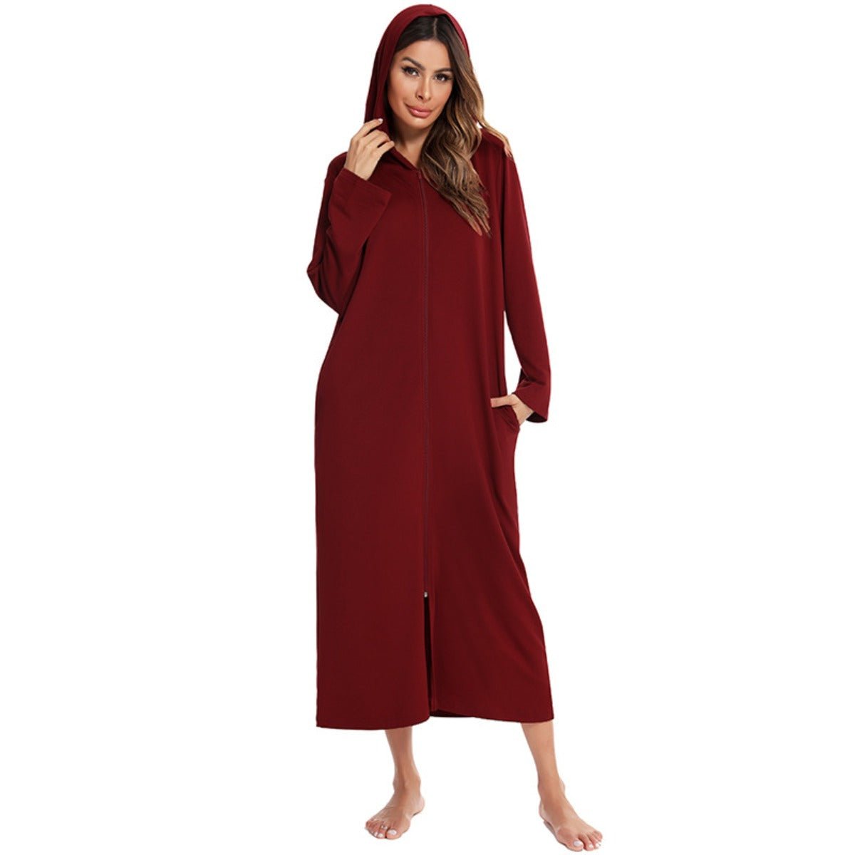 Cozy Longline Zip-Up Cardigan with Pockets | Home Wear Comfort(MS110)