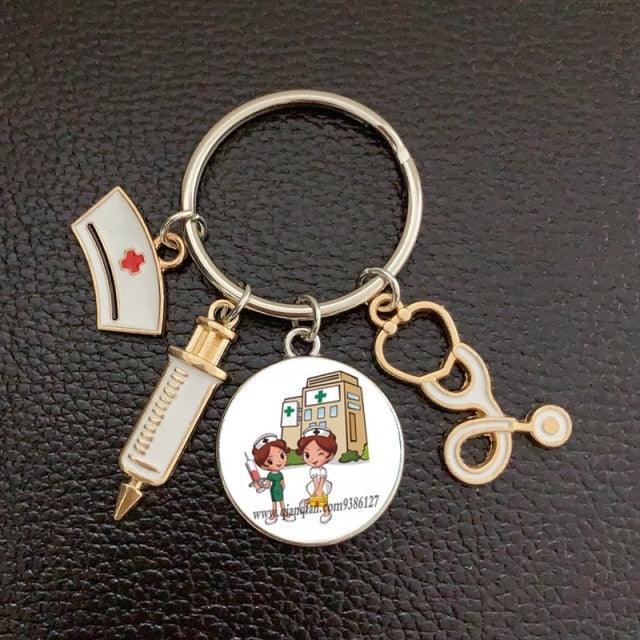 Creative Doctor Keychain Unique Personality Syringe Stethoscope Pendant Keychain Cartoon Colorful Handbag Pendant Keychain Doctor Injection Stethoscope Picture Keychain Round Dome Pendant Women Alloy Keychain