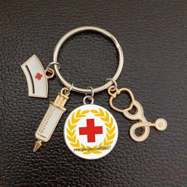 Creative Doctor Keychain Unique Personality Syringe Stethoscope Pendant Keychain Cartoon Colorful Handbag Pendant Keychain Doctor Injection Stethoscope Picture Keychain Round Dome Pendant Women Alloy Keychain