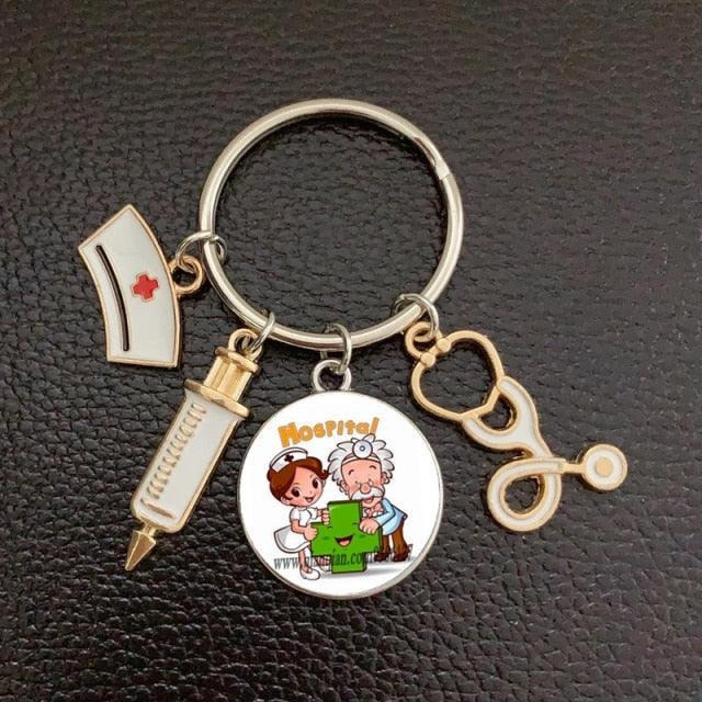 Creative Doctor Keychain Unique Personality Syringe Stethoscope Pendant Keychain Cartoon Colorful Handbag Pendant Keychain Doctor Injection Stethoscope Picture Keychain Round Dome Pendant Women Alloy Keychain