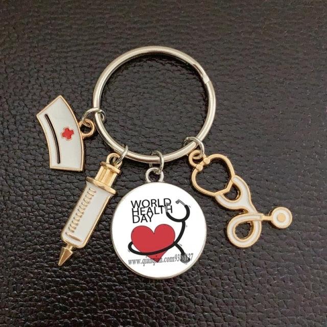 Creative Doctor Keychain Unique Personality Syringe Stethoscope Pendant Keychain Cartoon Colorful Handbag Pendant Keychain Doctor Injection Stethoscope Picture Keychain Round Dome Pendant Women Alloy Keychain