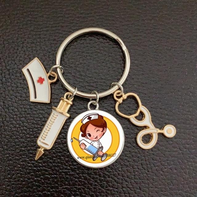 Creative Doctor Keychain Unique Personality Syringe Stethoscope Pendant Keychain Cartoon Colorful Handbag Pendant Keychain Doctor Injection Stethoscope Picture Keychain Round Dome Pendant Women Alloy Keychain