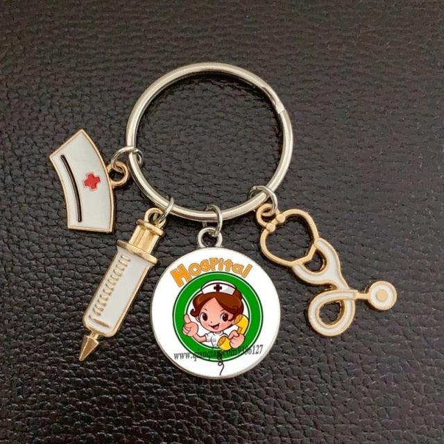 Creative Doctor Keychain Unique Personality Syringe Stethoscope Pendant Keychain Cartoon Colorful Handbag Pendant Keychain Doctor Injection Stethoscope Picture Keychain Round Dome Pendant Women Alloy Keychain