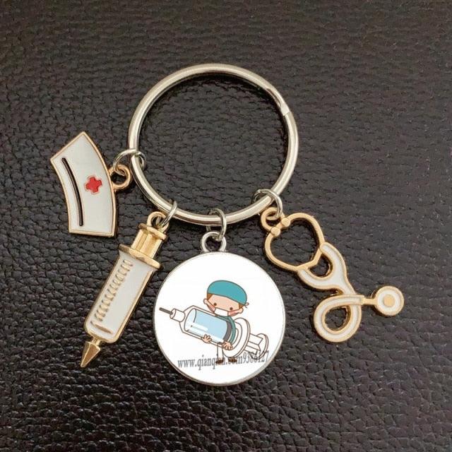 Creative Doctor Keychain Unique Personality Syringe Stethoscope Pendant Keychain Cartoon Colorful Handbag Pendant Keychain Doctor Injection Stethoscope Picture Keychain Round Dome Pendant Women Alloy Keychain