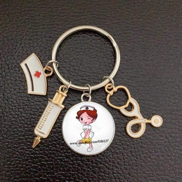 Creative Doctor Keychain Unique Personality Syringe Stethoscope Pendant Keychain Cartoon Colorful Handbag Pendant Keychain Doctor Injection Stethoscope Picture Keychain Round Dome Pendant Women Alloy Keychain