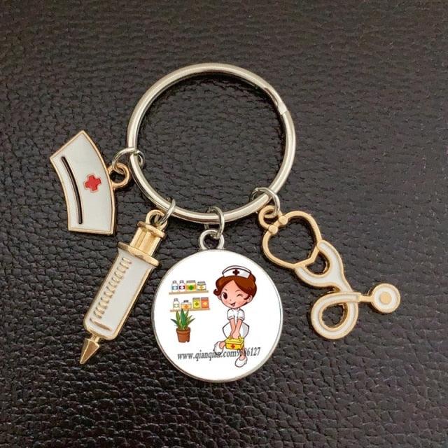 Creative Doctor Keychain Unique Personality Syringe Stethoscope Pendant Keychain Cartoon Colorful Handbag Pendant Keychain Doctor Injection Stethoscope Picture Keychain Round Dome Pendant Women Alloy Keychain