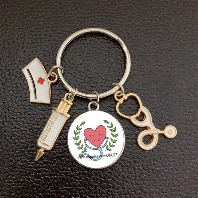 Creative Doctor Keychain Unique Personality Syringe Stethoscope Pendant Keychain Cartoon Colorful Handbag Pendant Keychain Doctor Injection Stethoscope Picture Keychain Round Dome Pendant Women Alloy Keychain