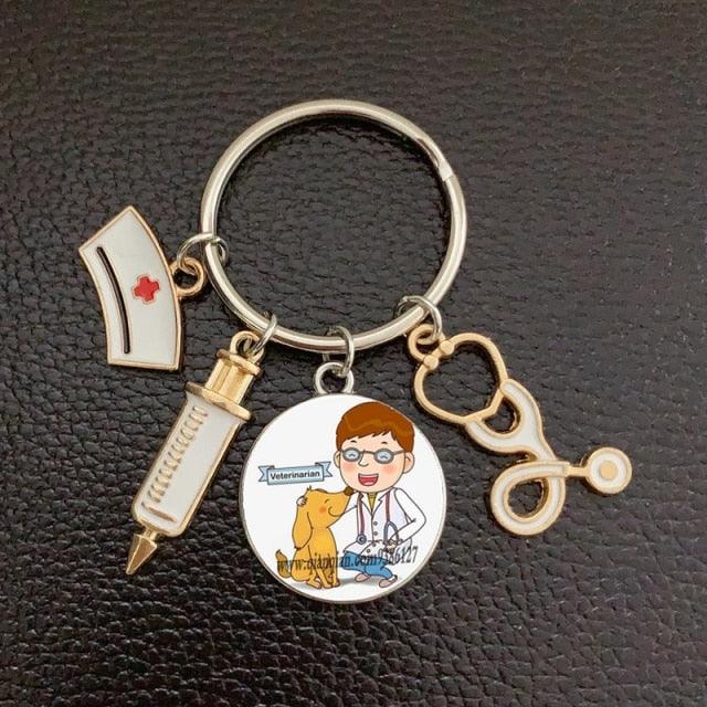 Creative Doctor Keychain Unique Personality Syringe Stethoscope Pendant Keychain Cartoon Colorful Handbag Pendant Keychain Doctor Injection Stethoscope Picture Keychain Round Dome Pendant Women Alloy Keychain