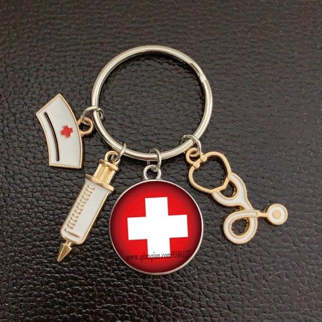 Creative Doctor Keychain Unique Personality Syringe Stethoscope Pendant Keychain Cartoon Colorful Handbag Pendant Keychain Doctor Injection Stethoscope Picture Keychain Round Dome Pendant Women Alloy Keychain