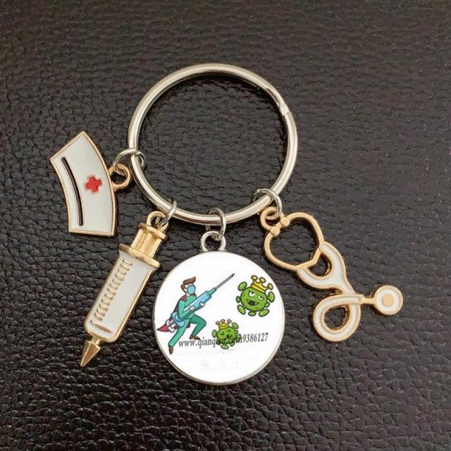 Creative Doctor Keychain Unique Personality Syringe Stethoscope Pendant Keychain Cartoon Colorful Handbag Pendant Keychain Doctor Injection Stethoscope Picture Keychain Round Dome Pendant Women Alloy Keychain