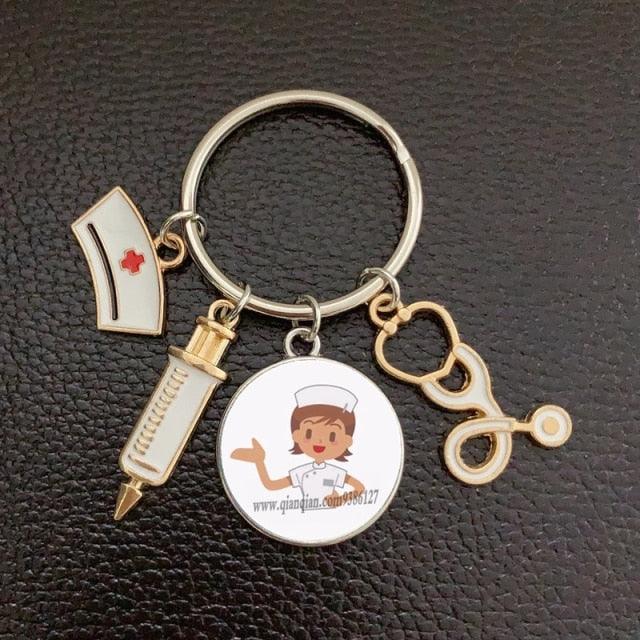 Creative Doctor Keychain Unique Personality Syringe Stethoscope Pendant Keychain Cartoon Colorful Handbag Pendant Keychain Doctor Injection Stethoscope Picture Keychain Round Dome Pendant Women Alloy Keychain