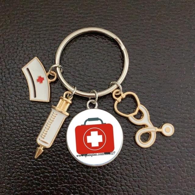 Creative Doctor Keychain Unique Personality Syringe Stethoscope Pendant Keychain Cartoon Colorful Handbag Pendant Keychain Doctor Injection Stethoscope Picture Keychain Round Dome Pendant Women Alloy Keychain