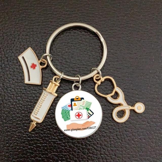 Creative Doctor Keychain Unique Personality Syringe Stethoscope Pendant Keychain Cartoon Colorful Handbag Pendant Keychain Doctor Injection Stethoscope Picture Keychain Round Dome Pendant Women Alloy Keychain