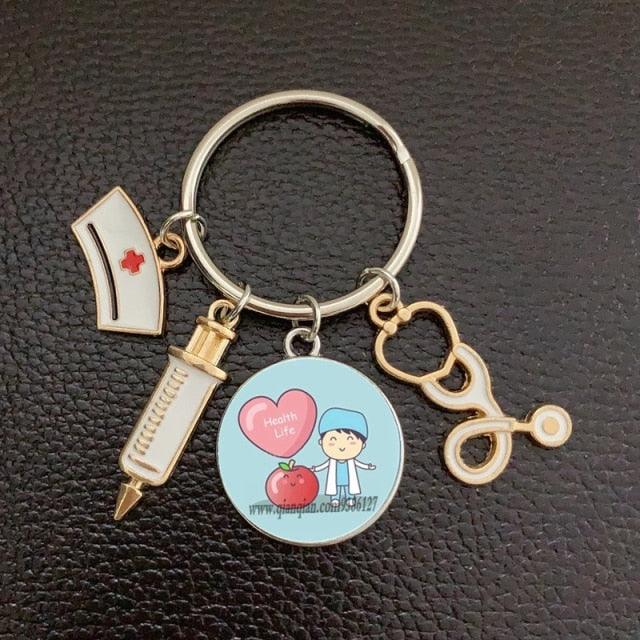 Creative Doctor Keychain Unique Personality Syringe Stethoscope Pendant Keychain Cartoon Colorful Handbag Pendant Keychain Doctor Injection Stethoscope Picture Keychain Round Dome Pendant Women Alloy Keychain