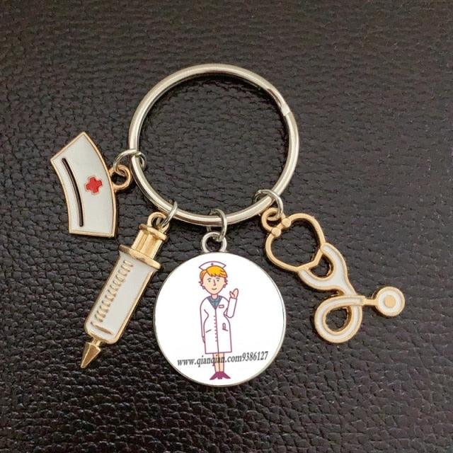 Creative Doctor Keychain Unique Personality Syringe Stethoscope Pendant Keychain Cartoon Colorful Handbag Pendant Keychain Doctor Injection Stethoscope Picture Keychain Round Dome Pendant Women Alloy Keychain