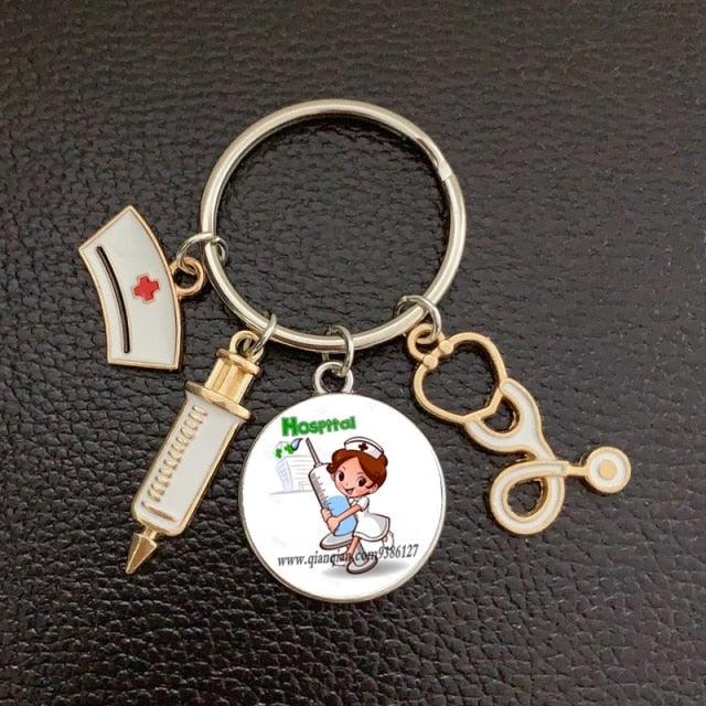 Creative Doctor Keychain Unique Personality Syringe Stethoscope Pendant Keychain Cartoon Colorful Handbag Pendant Keychain Doctor Injection Stethoscope Picture Keychain Round Dome Pendant Women Alloy Keychain