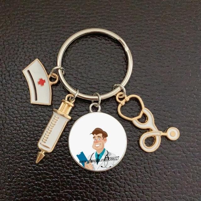 Creative Doctor Keychain Unique Personality Syringe Stethoscope Pendant Keychain Cartoon Colorful Handbag Pendant Keychain Doctor Injection Stethoscope Picture Keychain Round Dome Pendant Women Alloy Keychain
