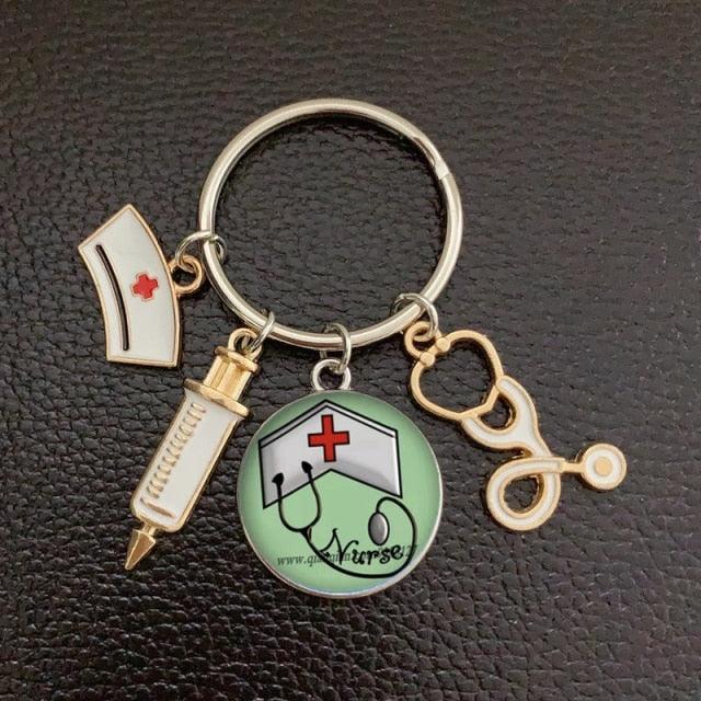 Creative Doctor Keychain Unique Personality Syringe Stethoscope Pendant Keychain Cartoon Colorful Handbag Pendant Keychain Doctor Injection Stethoscope Picture Keychain Round Dome Pendant Women Alloy Keychain