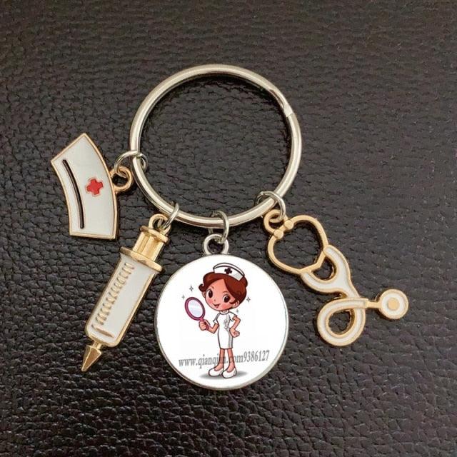 Creative Doctor Keychain Unique Personality Syringe Stethoscope Pendant Keychain Cartoon Colorful Handbag Pendant Keychain Doctor Injection Stethoscope Picture Keychain Round Dome Pendant Women Alloy Keychain