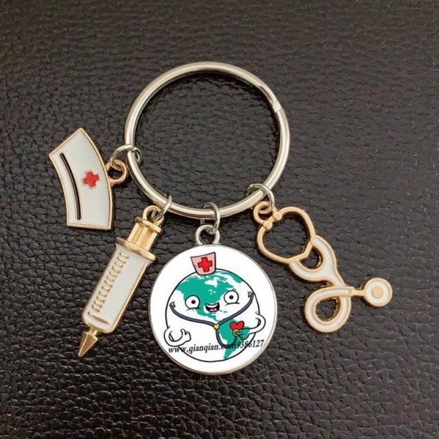 Creative Doctor Keychain Unique Personality Syringe Stethoscope Pendant Keychain Cartoon Colorful Handbag Pendant Keychain Doctor Injection Stethoscope Picture Keychain Round Dome Pendant Women Alloy Keychain