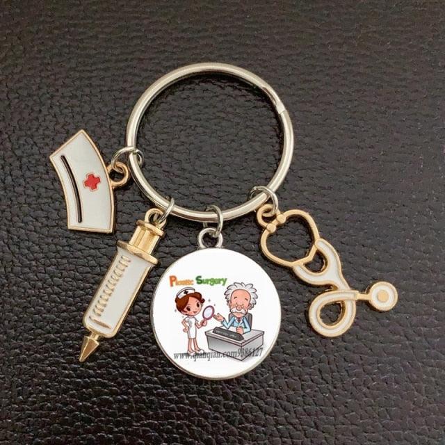 Creative Doctor Keychain Unique Personality Syringe Stethoscope Pendant Keychain Cartoon Colorful Handbag Pendant Keychain Doctor Injection Stethoscope Picture Keychain Round Dome Pendant Women Alloy Keychain