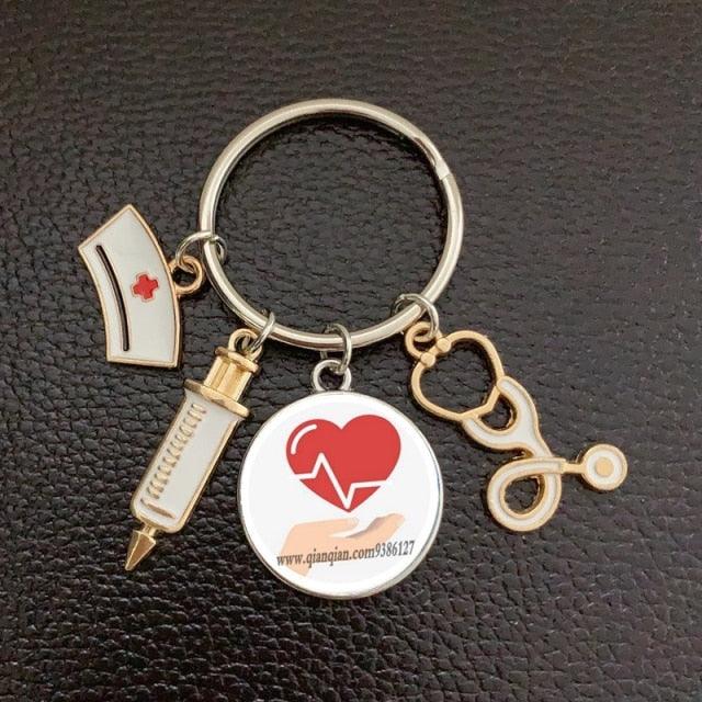 Creative Doctor Keychain Unique Personality Syringe Stethoscope Pendant Keychain Cartoon Colorful Handbag Pendant Keychain Doctor Injection Stethoscope Picture Keychain Round Dome Pendant Women Alloy Keychain